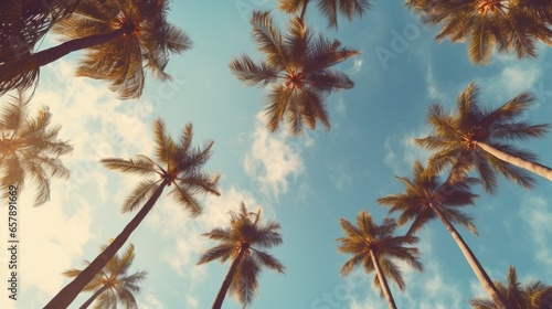 Looking Up at Palm Trees on a Blue Sky, Rendered in the Retro Vintage Aesthetic © bomoge.pl