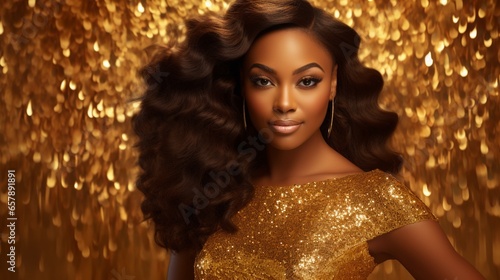Beautiful African American woman in gold on golden sparkling background, girl in golden dress. Luxury and premium photography for advertising product design.