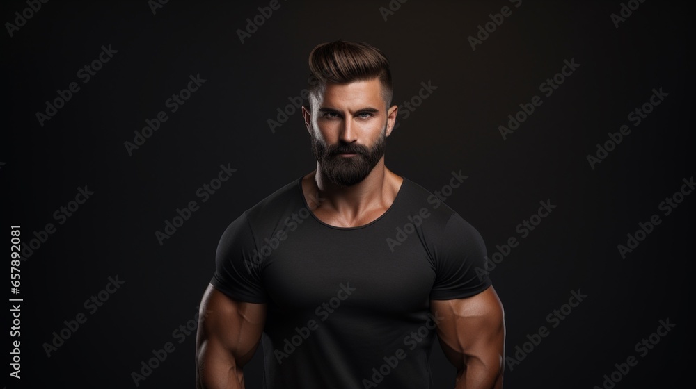 Strong athletic man in black t shirt isolated on black background with copy space.