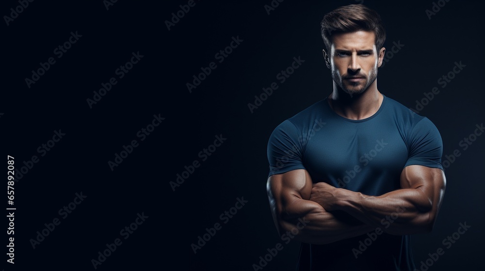 Strong athletic man in navy t shirt cross arms isolated on black background with copy space.
