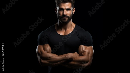 Strong athletic man in black t shirt cross arms isolated on black background with copy space.