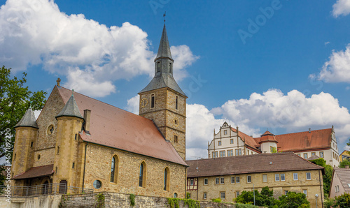 beautiful view on historic Protestant Sebastianskirche and Greckenschloss in Kochendorf, Bad Friedrichshall in southern germany