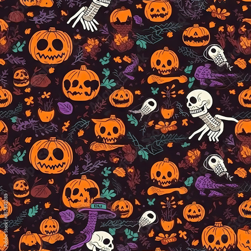 Halloween pattern with sculls, pumpkins, autumn leaves, skeletons on dark background. Holiday wrapping paper concept, spooky background © virginna