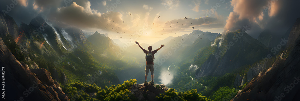 Happy man with arms up jumping on the top of the mountain - Successful hiker celebrating success on the cliff - Life style concept with young male climbing in the forest pathway - obrazy, fototapety, plakaty 