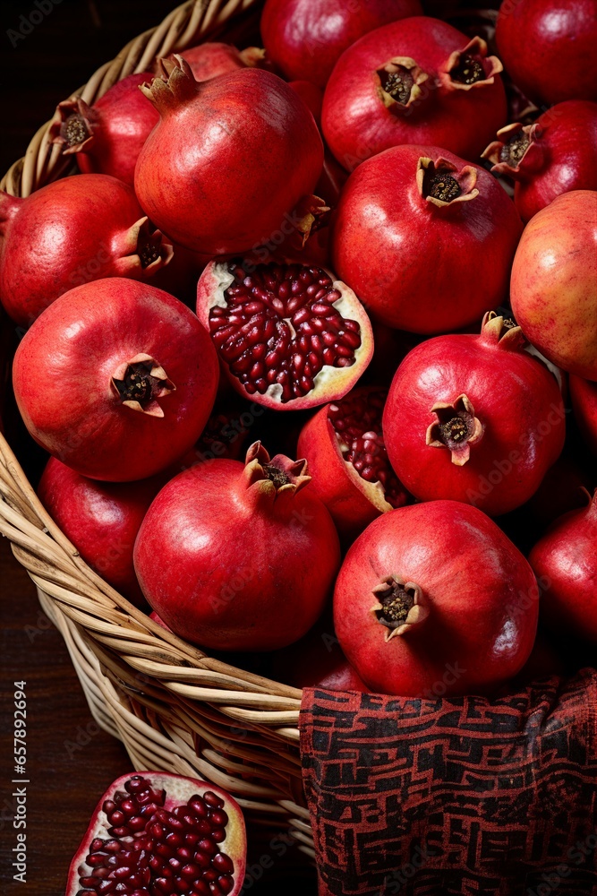 Fresh harvested pomegranates in a basket on the market Fresh harvested pomegranates in a basket on the market