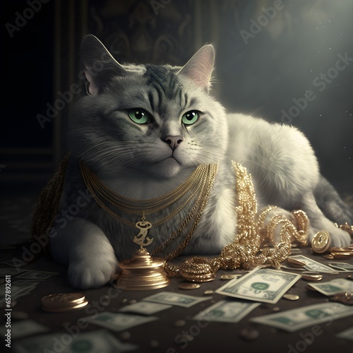 filthy rich shynx cat lying on dollar bills wearing gold chains and jewellery  photo