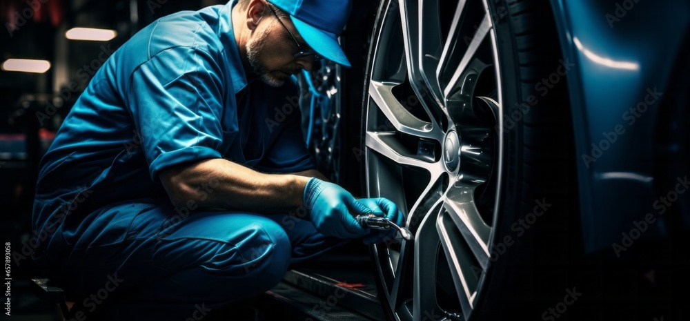 Close-Up of Technician Working on Car Wheels in Luxurious Car Repair Shop with Dark Silver and Azure Tones Close-Up of Technician Working on Car Wheels in Luxurious Car Repair Shop with Dark Silver and Azure Tones