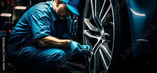 Close-Up of Technician Working on Car Wheels in Luxurious Car Repair Shop with Dark Silver and Azure Tones