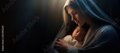 Foto Portrait of Mary with Baby Jesus, Blurred Background with Copy Space