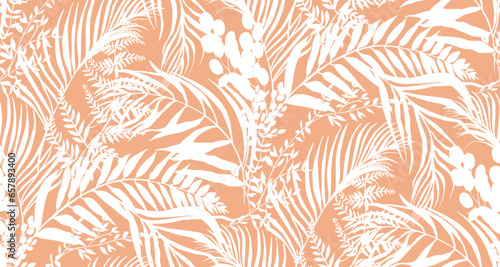 Seamless pattern with tropical plants. Botanical silhouettes of herbs and fern leaves with dried flowers in vector for textiles