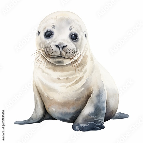 Watercolor illustration of a baby seal isolated on white, cute nursery animal portrait illustration.