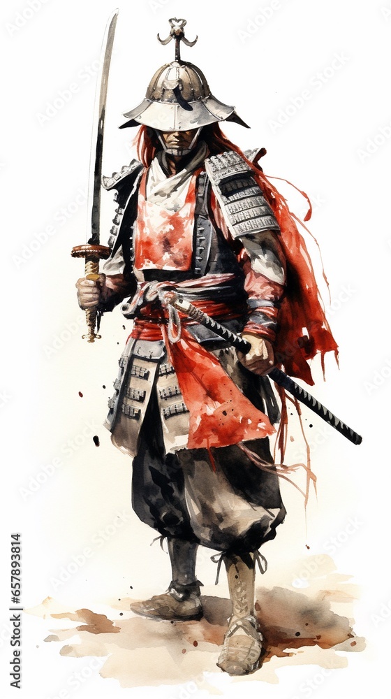 Fototapeta premium Samurai in ancient armor with a sword attack, Asian watercolor style illustration, isolated on white.