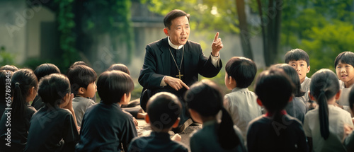 Asian pastor or priest preaching in village outside to group of children. Generative AI