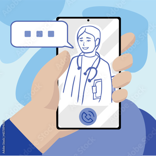 Doctor online. Man. Online consultation with a doctor via phone. Online healthcare and medical consultation and support services concept. Social distancing. Vector illustration