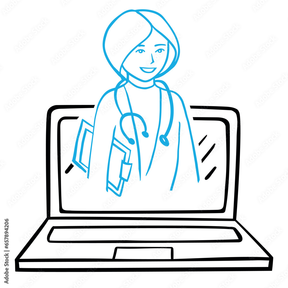 Doctor online. Woman. Online healthcare and medical consultation and support services concept. Social distancing. Flat vector illustration
