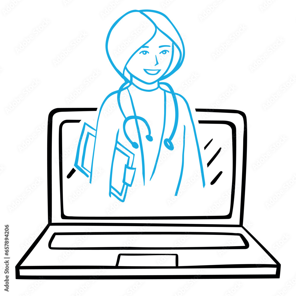 Doctor online. Woman. Online healthcare and medical consultation and support services concept. Social distancing. Flat vector illustration Doctor online. Woman. Online healthcare and medical consultation and support services concept. Social distancing. Flat vector illustration