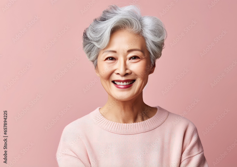 Generative AI, joyful asian korean elderly woman in casual stylish clothes smiling on color background, advanced age, old lady, space for text, mature people, happy pensioner, retired lifestyle
