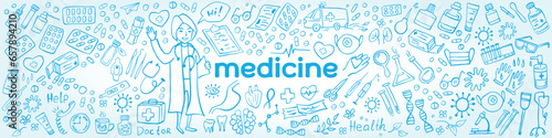 Hand drawn medicine icons doodle set - Medicines, medical products, tablets, medical equipment on a blue background. Long banner - Health care, pharmacy icons. Vector illustration.