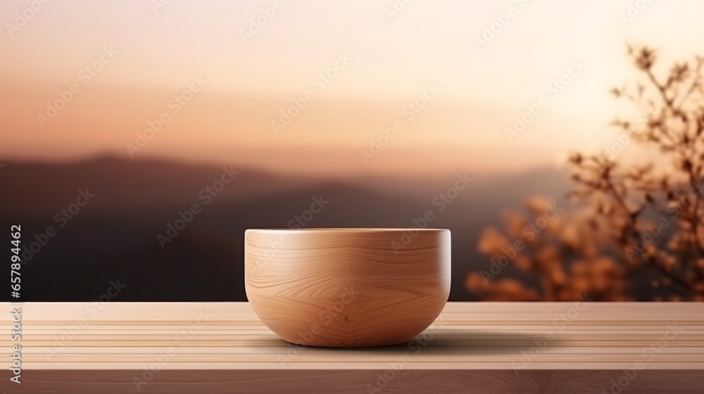 Wooden Table Mockup Featuring a White Pot with Sunrays Shining Upon It in a Landscape-Focused, Dark Beige Setting