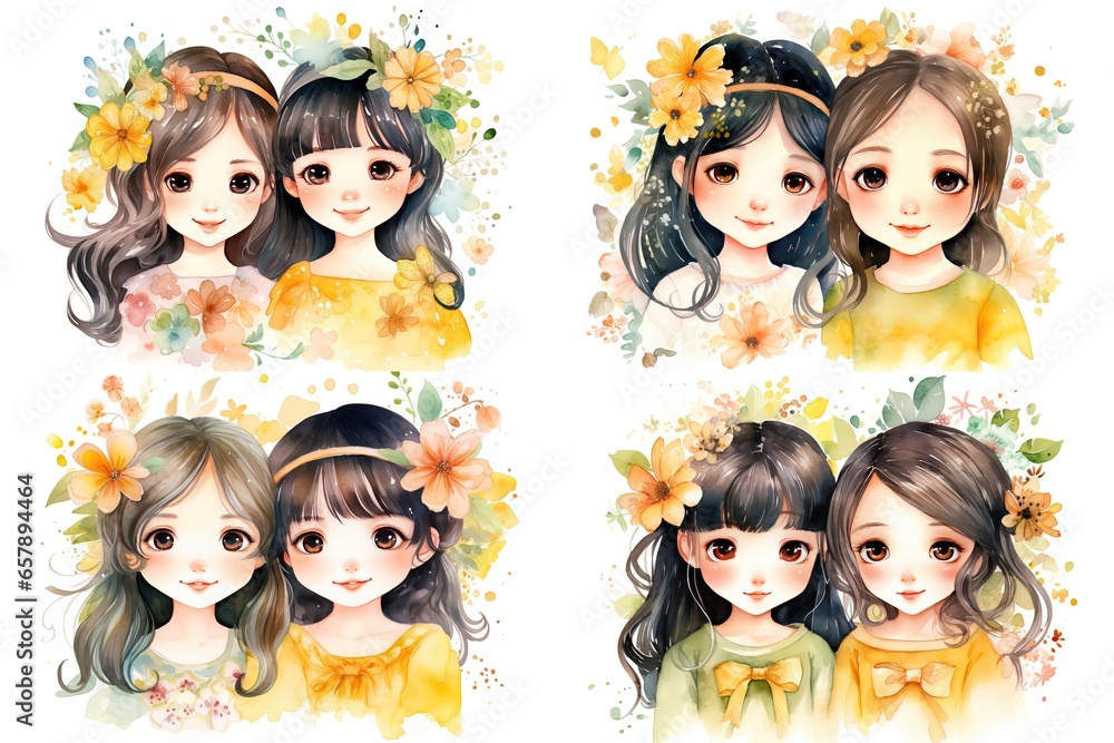 watercolor style illustration of pretty two Asian girls wearing pretty outfit with flowers and ribbon decorated on hair, collection set, Generative Ai