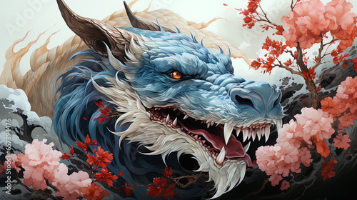 watercolor Fantastical dragon in Japanese style, fantastic character, colorful bright background.ai generative art