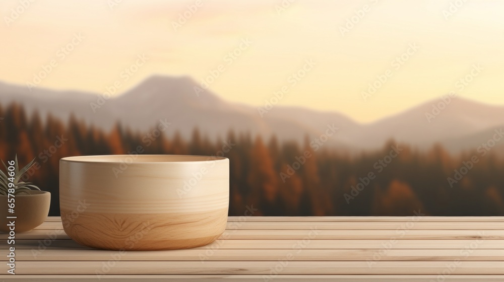 Wooden Table Mockup Featuring a White Pot with Sunrays Shining Upon It in a Landscape-Focused, Dark Beige Setting Wooden Table Mockup Featuring a White Pot with Sunrays Shining Upon It in a Landscape-Focused, Dark Beige Setting