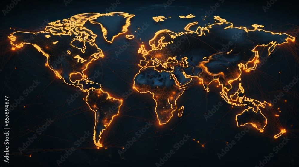 Naklejka premium World Map with Blue Network Lines and Bright Orange Lights