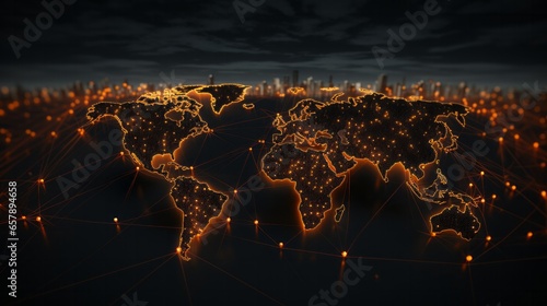 3D Rendered World Map with Illuminated Lines