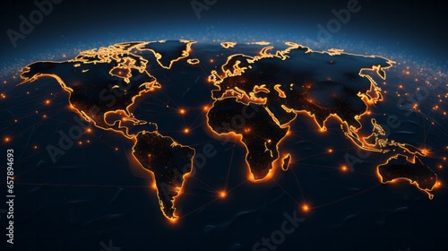 World Map with Blue Network Lines and Bright Orange Lights