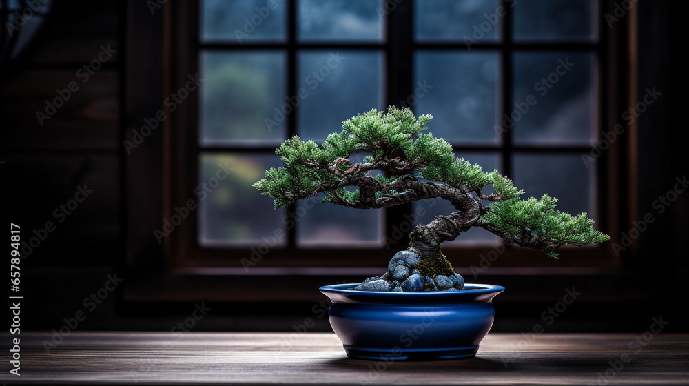 Obraz na płótnie cascade style pine bonsai, outdoor, natural sunlight, planted in a jade green glazed pot, sitting on an ornate stand, light clouds as background w salonie