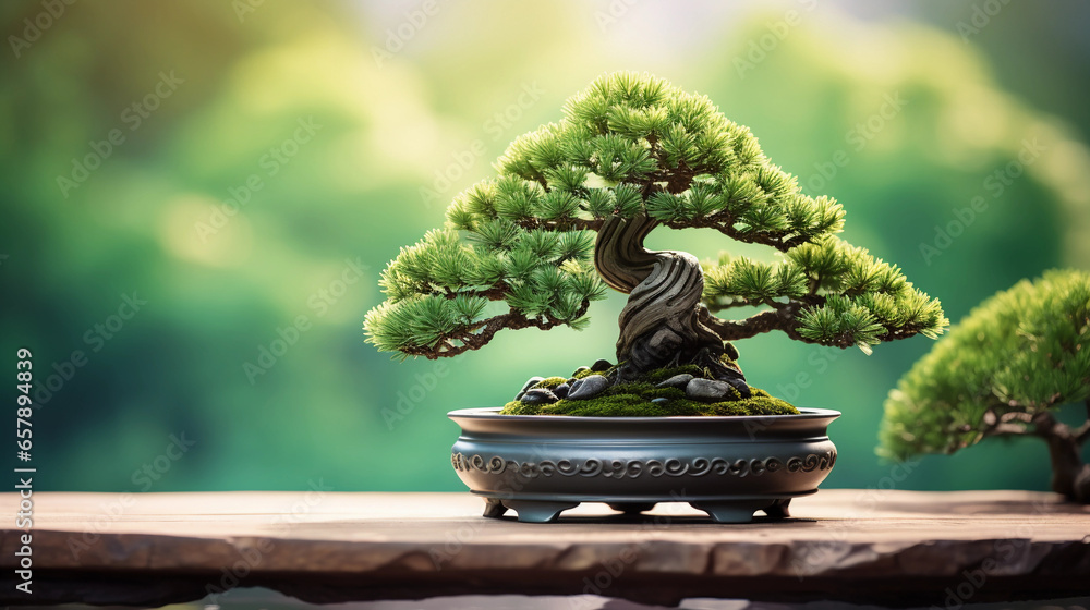 Obraz na płótnie cascade style pine bonsai, outdoor, natural sunlight, planted in a jade green glazed pot, sitting on an ornate stand, light clouds as background w salonie