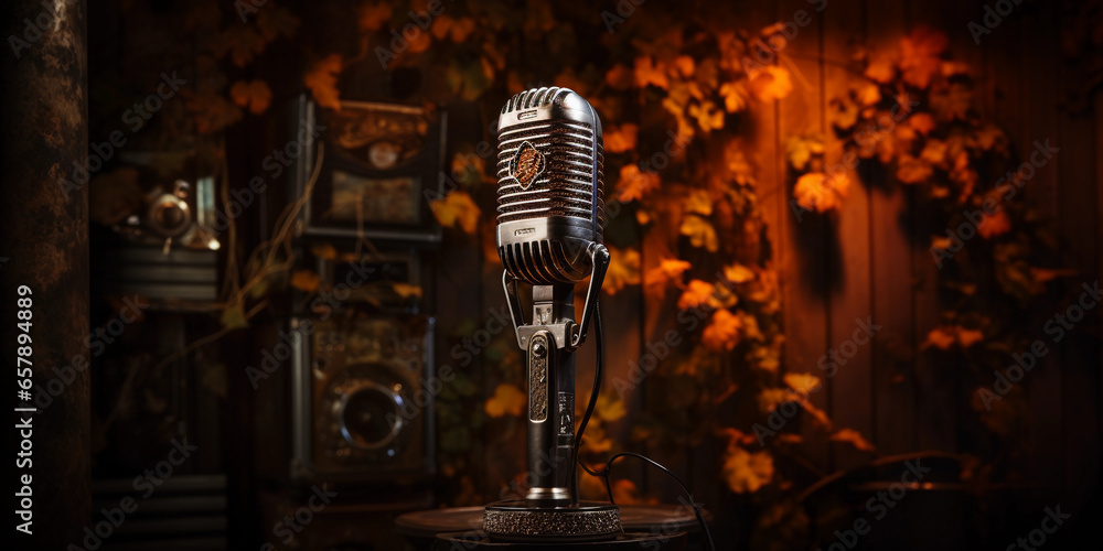 vintage microphone stand, showcasing its rusty yet charming metalwork, set in an old - school recording booth with retro wallpaper - obrazy, fototapety, plakaty 