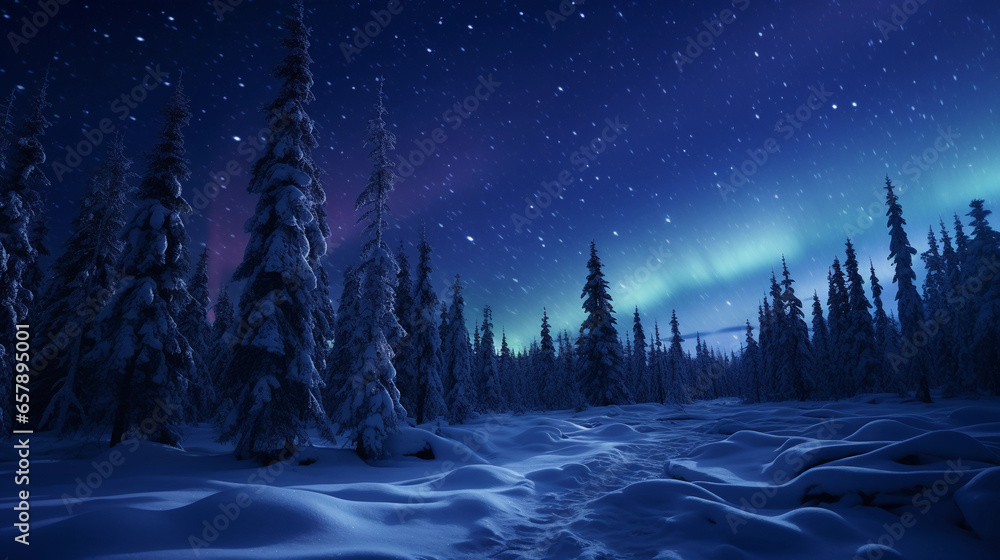 Taiga biome, snow - covered pine trees, moonlight glow, northern lights, wolves in the background