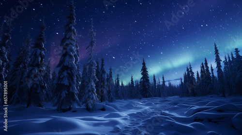 Taiga biome, snow - covered pine trees, moonlight glow, northern lights, wolves in the background