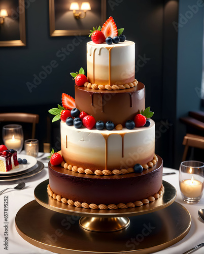 Big birthday cake with fresh fruits in elegant restaurant g photo