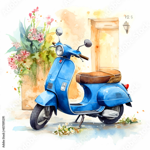 Vintage motorcycle in a tourist town vector watercolor hand painting ilustration photo