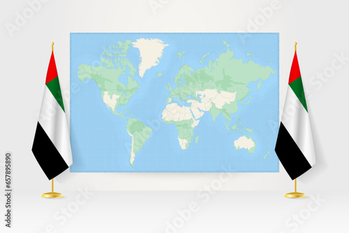 World Map between two hanging flags of United Arab Emirates flag stand.