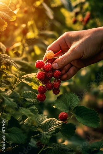 Ripe raspberries getting harvested
