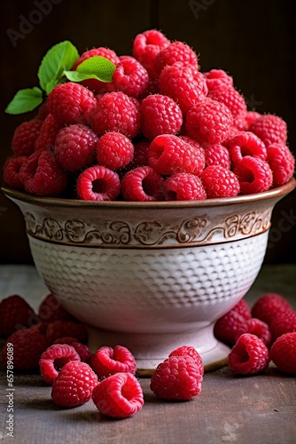 Lots of fresh raspberries in a bowl