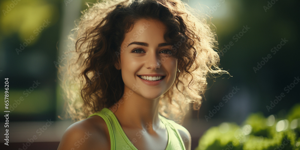 Hübsche Frau in der Natur beim Sport lacht im Querformat, ai generativ Hübsche Frau in der Natur beim Sport lacht im Querformat, ai generativ
