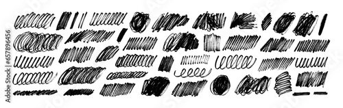 Various marker scribbles and curly lines. Vector charcoal thin lines and childish crayon drawing.