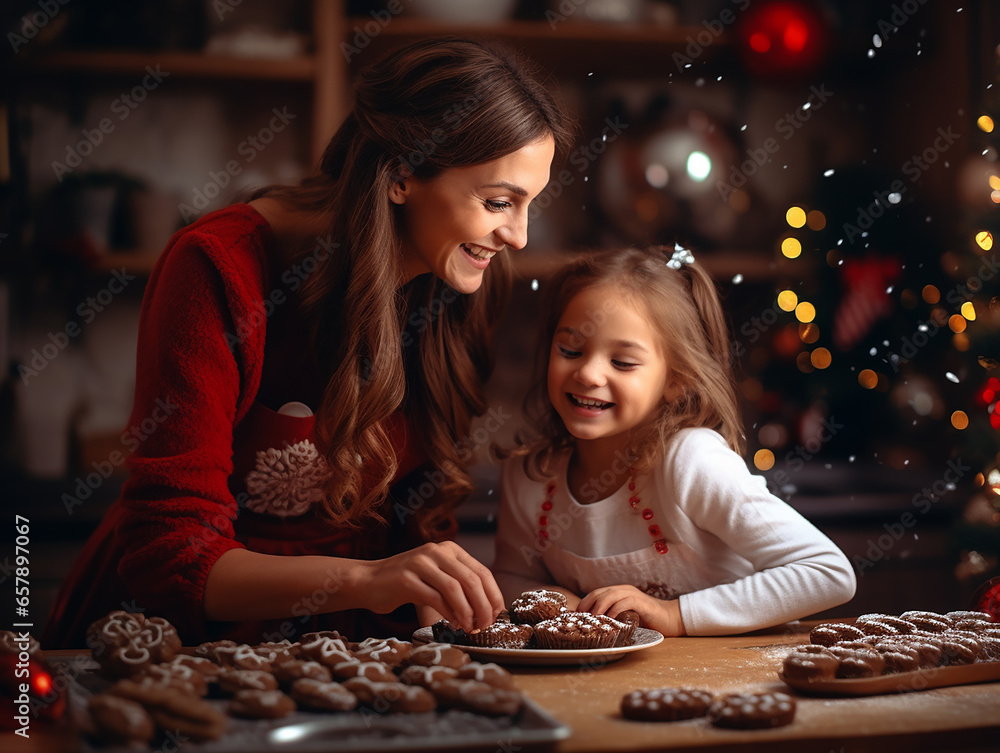 Happy mother and daughter decorating christmas cookies at table in kitchen. Happy mother and daughter decorating christmas cookies at table in kitchen.