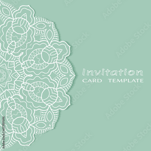 Invitation or Card template with lacе frame border, doodle line pattern, mandala element. Decorative openwork filigree art background for Wedding, Valentine's day greeting card, Birthday Invitation