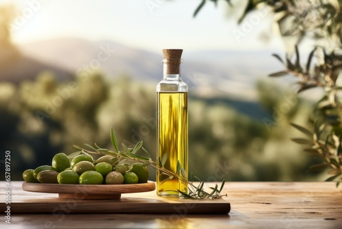 Olive oil in the garden during harvest. Background with selective focus and copy space