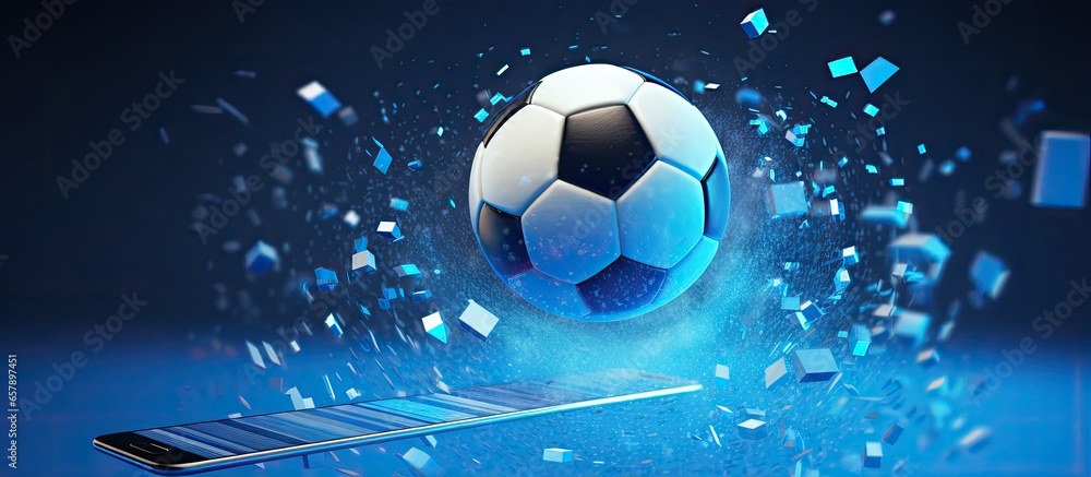 Naklejka premium Football ball with smartphone screen motion effect designed for sports concept Illustrated in with a blue background Ideal for online live sports and casino betting design Represents goal c