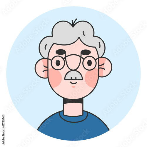 Portrait of a senior elderly man isolated.Colored flat vector illustration of a face gray-haired person.Sticker,print template of retired happy male
