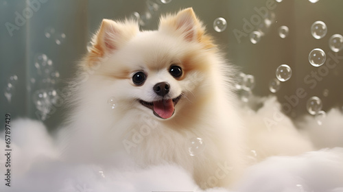 Bathing cute white pomeranian spitz in bathtub with foam and soap bubbles. photo