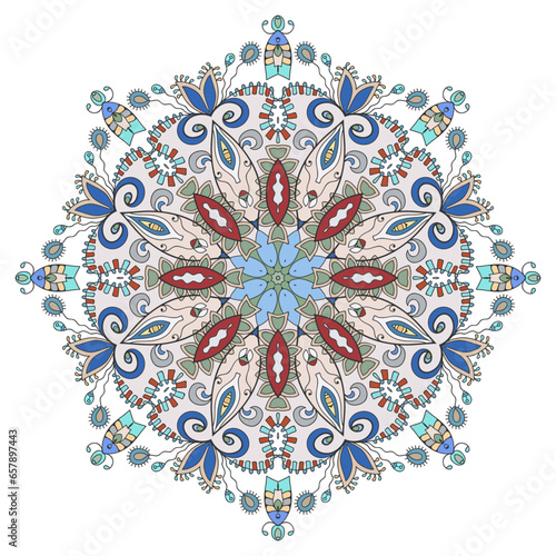 Mandala flower decoration, hand drawn round ornament, isolated design element on a white background. Vector geometric floral pattern. Tribal ethnic fashion motif for paper, textile, cloth fabric print