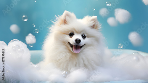 Bathing cute white pomeranian spitz in bathtub with foam and soap bubbles. © Tanuha