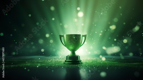 A shiny trophy on a radiant green background. Trophy a glorious symbol for the winner. A trophy representing achievements and excellence as a reward in a successful scenario.